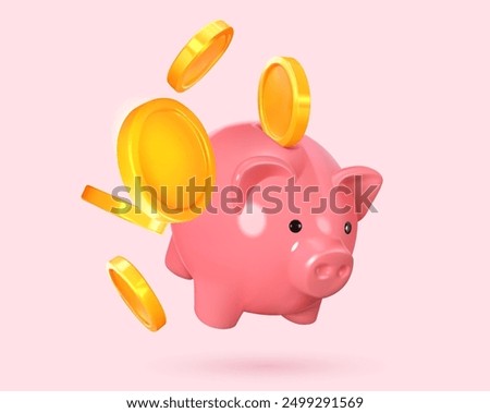 3d piggy bank with coins flying into it. Concept of accumulation, savings and making money. Pink glass pig. Vector illustration