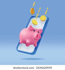 3D Piggy Bank with Coins in Mobile Phone Isolated. Render Plastic Piggy Bank for Money and Smartphone. Digital Money Online. Business Deposit Investment, Financial Savings. Vector Illustration