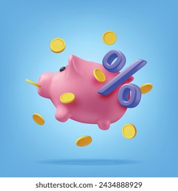 3D Piggy Bank with Coins and Percent Isolated. Render Plastic Piggy Bank for Money. Moneybox in Form of Pig. Concept of Cash Money, Business Deposit Investment, Financial Savings. Vector Illustration