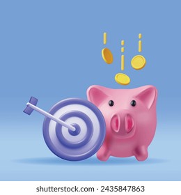 3D Piggy Bank with Dart Target Isolated. Render Plastic Piggy Bank for Money. Moneybox in Form of Pig. Concept of Cash Money, Business Deposit Investment, Financial Savings. Vector Illustration