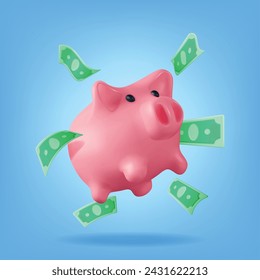 3D Piggy Bank with Dollars Rain Isolated. Render Plastic Piggy Bank for Money. Moneybox in Form of Pig. Concept of Cash Money, Business Deposit Investment, Financial Savings. Vector Illustration