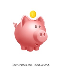 3d piggy bank with gold coin. Isolated pink piggy vector illustration