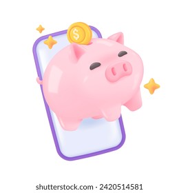 3D piggy bank. Online savings. safe investment ideas for future asset growth. 3D vector Illustration.