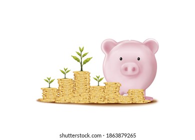 3D Piggy bank and Plant glowing on stacks coin on white background,Isolate Pink pig Vector mesh for advertising,Design template for banner,financial,savings and security of money storage for future