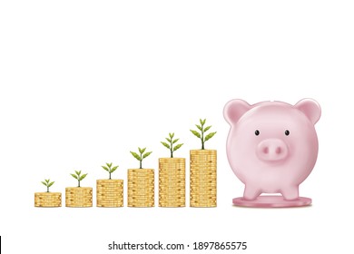 3D Piggy bank and Plant glowing on stacks coin on white background,Isolate Pink pig Vector mesh for advertising,Design template for banner,financial,savings and security of money storage for future