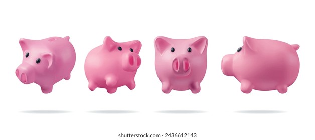 3D Piggy Bank Set Isolated. Render Plastic Piggy Bank Collection for Money. Moneybox in Form of Pig. Concept of Cash Money, Business Deposit Investment, Financial Savings. Vector Illustration