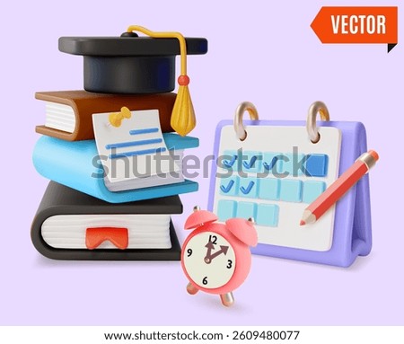 3d Pile of Books, Alarm Clock and Personal Plan Budget Planning Education Concept Cartoon Design Style. Vector illustration