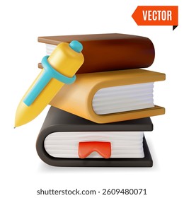 3d Pile of Books and Pen Knowledge Concept Cartoon Design Style Isolated on a White Background. Vector illustration