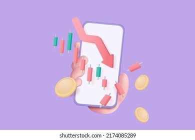 3D pile of money coins and graph with plummeting on mobile phone holding hand. Business failure concept, 3d money representation for finance investment. 3d trading icon vector render illustration