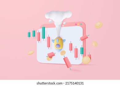 3D pile of money coins and graph with flying space rocket plummeting. Business failure concept, 3d money representation for finance, caution investment. 3d trading graph icon vector illustration