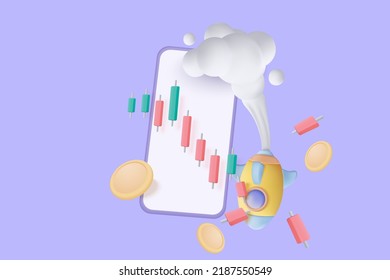 Montón 3D de monedas de dinero y grafo con cohetes voladores cayendo en picada en el teléfono móvil. Concepto de fracaso empresarial, representación monetaria 3d para inversión financiera. Ilustración de vectores de icono de comercio 3.ᵉʳ