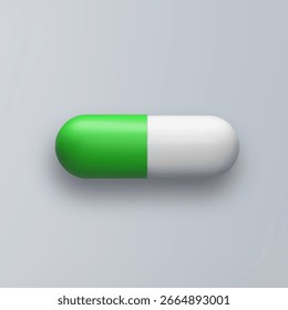 3d píldora verde tableta blanca aislada sobre fondo gris. Ilustración de medicamento de Vector realista