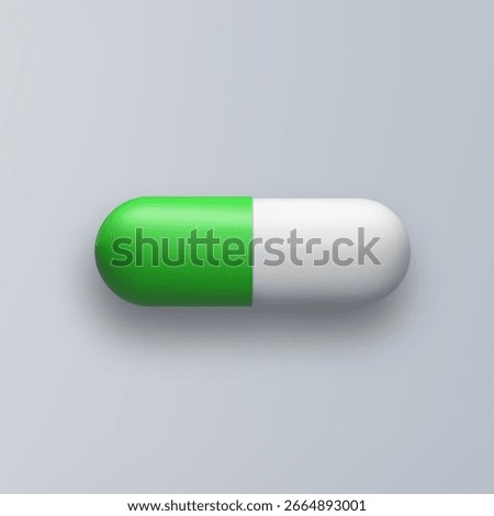 3d pill green white tablet isolated on gray background. Realistic vector medicament illustration