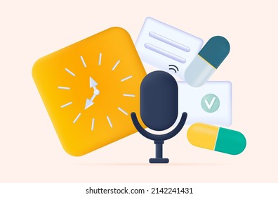 3d Pill time by the hour. Taking medication on time with clock. Dosage of drugs according to the schedule. Modern pharmaceutical concept. Banner with pills and reminder. Concept healthcare. Vector 