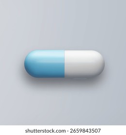 3D-Pille, weißblaue Tablette, einzeln auf grauem Hintergrund. Realistische Vektormedikamentgrafik