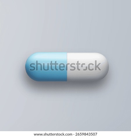 3d pill white blue tablet isolated on gray background. Realistic vector medicament illustration