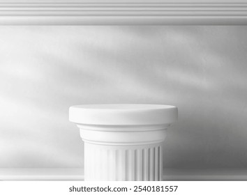 3d pillar podium. White column stand for museum with background. Marble platform for product or exhibit in greek gallery for presentation. Abstract realistic exhibition sculpture showcase graphic