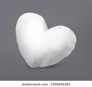 3D pillow. Heart shaped cushion. Comfortable domestic bedding. Romantic fabric gift. Valentine soft accessory. White textile love. Home fluffy decoration. Sleep relaxation. Vector realistic object