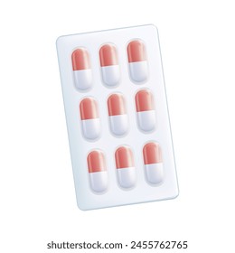 3D Pills in Blister Pack. Capsule, Tablet Icon Set Closeup Isolated. Antibiotic pill capsules. Healthcare and medical 3D. Front, Top View. Medicine, Health Concept. Vector Illustration 