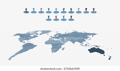 3D Pin Flags of Oceanian Countries on a World Map with Oceania highlighted in dark gray. Vector illustration.