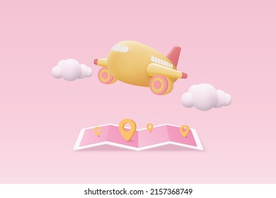3D pin map with flight plane travel tourism trip planning world tour. Tourism plane trip planning world tour with 3d pin location on holiday summer. 3d plane vector airplane render illustration