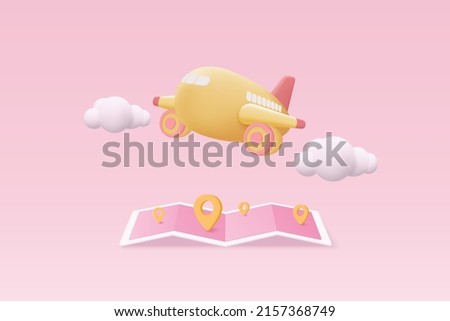 3D pin map with flight plane travel tourism trip planning world tour. Tourism plane trip planning world tour with 3d pin location on holiday summer. 3d plane vector airplane render illustration