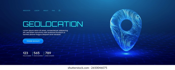 Icono de mapa de pines 3D con Tecnología GPS y brillo de luz de neón para navegación digital. Marcador de ruta de IA futurista con ruta de geolocalización azul. Concepto de viaje de Vector Abstractas para viajes o Web de negocios Backgr