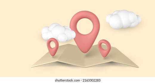 3d pin point marker with shadow in clouds. Location icon on map. Vector illustration.