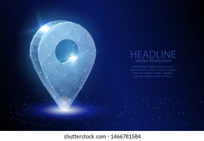 3d pin pointer location on a dark blue background .Vector polygonal illustration, concept