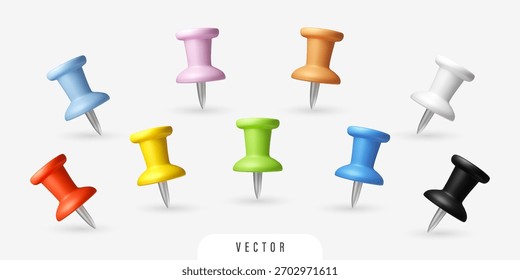 Conjunto de pinos 3D. Thumbtack de papel de carta colorido diferente. Elementos de design vetorial isolados em fundo branco. Vermelho, azul, verde, amarelo, branco, preto, cores pastel