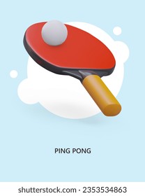 3D ping pong racket, ball. Equipment for table tennis. Vertical poster on blue background. Advertising for social networks. Sports ad template. Concept of sports accessories store