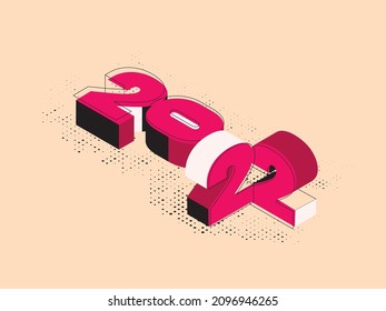 3D Pink 2022 Number With Halftone Effect On Peach Background.