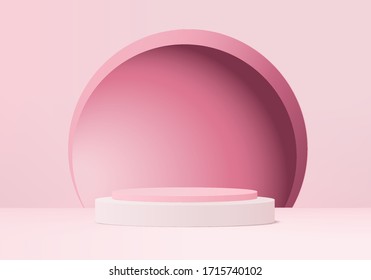 3d Pink abstract geometric pedestal background vector. Bright pastel podium or pedestal backdrop minimal design. 3D Pink pedestal winner. Stage for awards ceremony on pedestal in modern.3D rendering