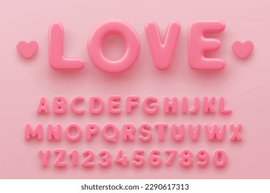 3D Pink alphabet with numbers with a glossy surface on a pink background . svg