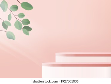 3d pink background products display podium scene with leaf geometric platform. background vector 3d render with podium. stand to show cosmetic product. Stage products showcase on pedestal display pink