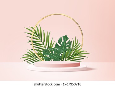 3d pink background products display podium scene with green leaf platform. background vector 3d render with podium. stand to show cosmetic product. Stage showcase on pedestal display pink studio