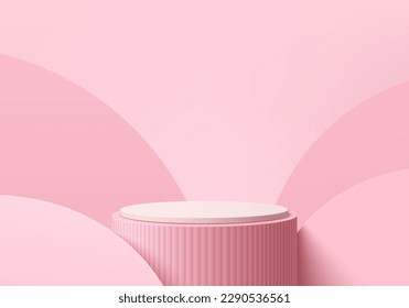 3D pink background with realistic white cylinder stand podium and overlap curves wall scene. Pastel minimal mockup product display. Abstract geometric platforms. Stage showcase. 3D vector rendering.