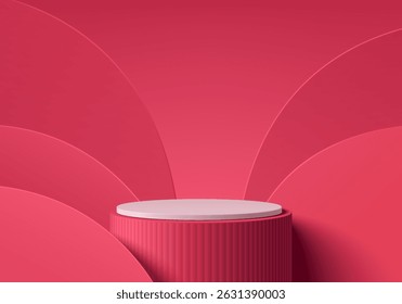 3D pink background with realistic white cylinder stand podium and overlap curve wall scene. Pastel minimal mockup product display. Abstract geometric platforms. Stage showcase. 3D vector rendering.
