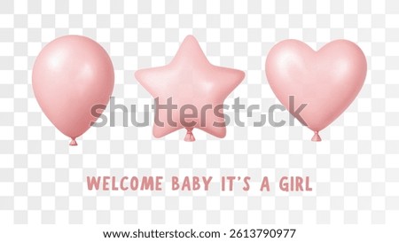 3d Pink Balloon Birthday Party Vector Girl Baby Shower Background Realistic Happy Helium Star Heart Love Baloon Card Set
