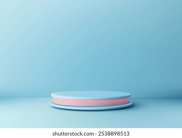 Podio cilíndrico rosa y azul 3D sobre un fondo azul, estilo minimalista para exhibición de productos, maquetas y salas de exposición