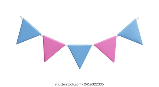 3D pink and blue flag garland isolated on white. Boy or girl baby shower party decoration banner. Happy birthday party hanging bunting festoon. Anniversary celebration 3D triangle flags.