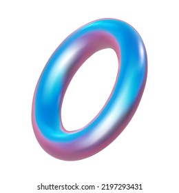 3d pink blue metal neon gradient cone render. Vector abstract donut element. Futuristic iridescent holographic isometric shape