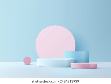 3D Pink and Blue Podium with Circles Backdrop, Modern Product Display and Mockup Showcase