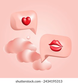 3d pink bubble speeches with heart, lips and clouds vector illustration design. Valentine Day love and kiss message.