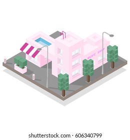 3d pink building. Isometric vector illustration.