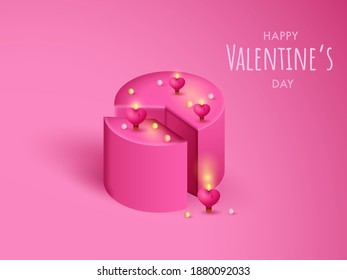 3D Pink Cake Decorated With Illuminated Heart Candles On The Occasion Of Happy Valentine's Day.