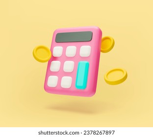 3d pink calculator and falling golden coins realistic vector illustration. Finance accounting, bookkeeping, budget, debit, credit calculations. Financial management, education concept