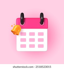 Calendário rosa 3D com um ícone de sino de notificação. Ideal para planejamento de escritório, gerenciamento de tarefas e atualizações importantes. Ilustração de vetor 3D.