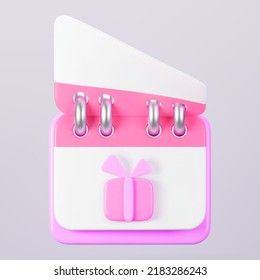 3d pink calendar with gift box icon on gray background. Render of daily birthday event schedule planner, wedding day. Boxing day sale and save the date concept. 3d cartoon simple vector illustration