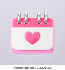 3d pink calendar with heart icon isolated. Render of daily wedding event schedule planner, valentine's day, birthday. Menstrual calendar for control women cycle. 3d cartoon simple vector illustration